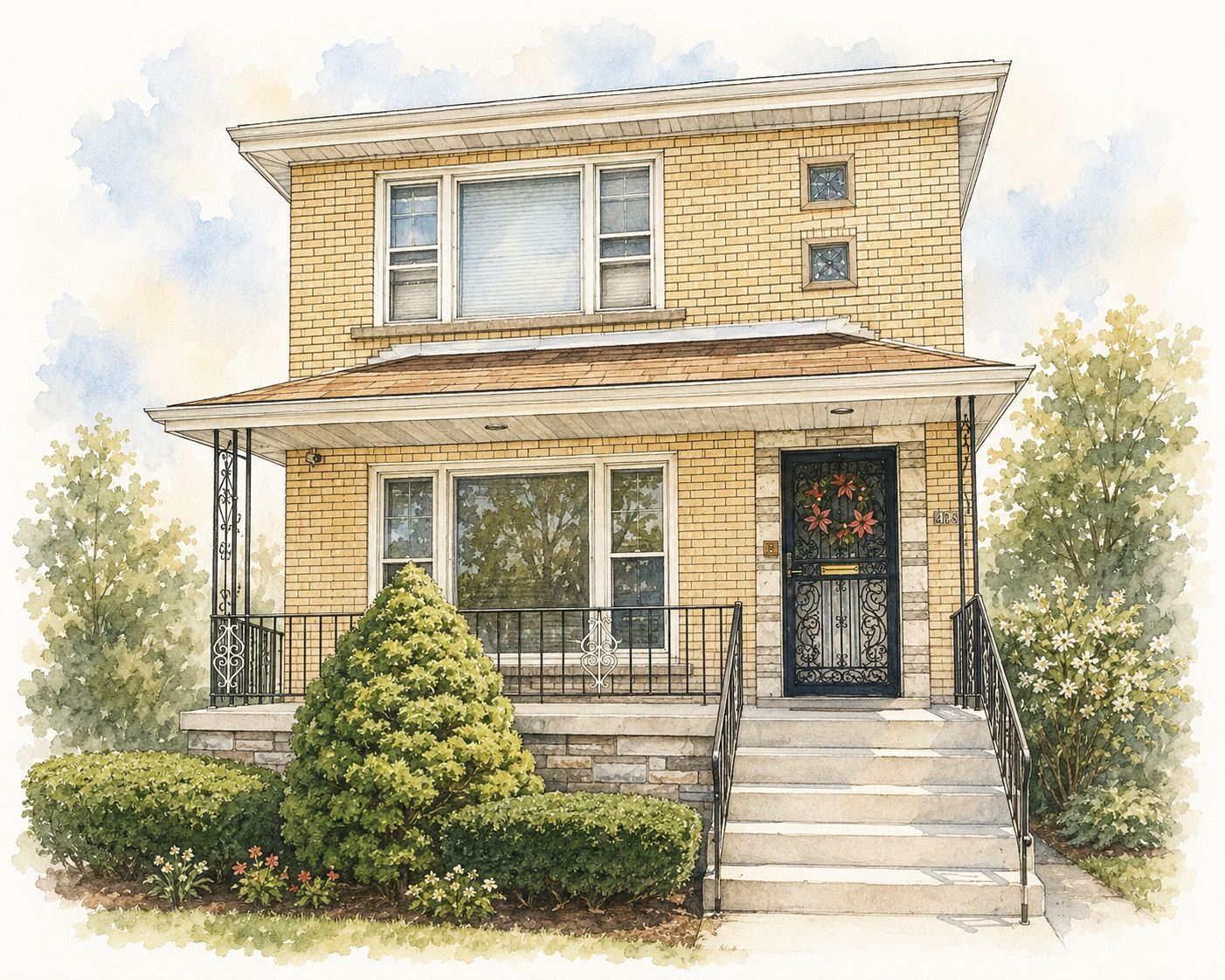 Watercolor illustration of a brick bungalow managed by EverydayPeople Management
