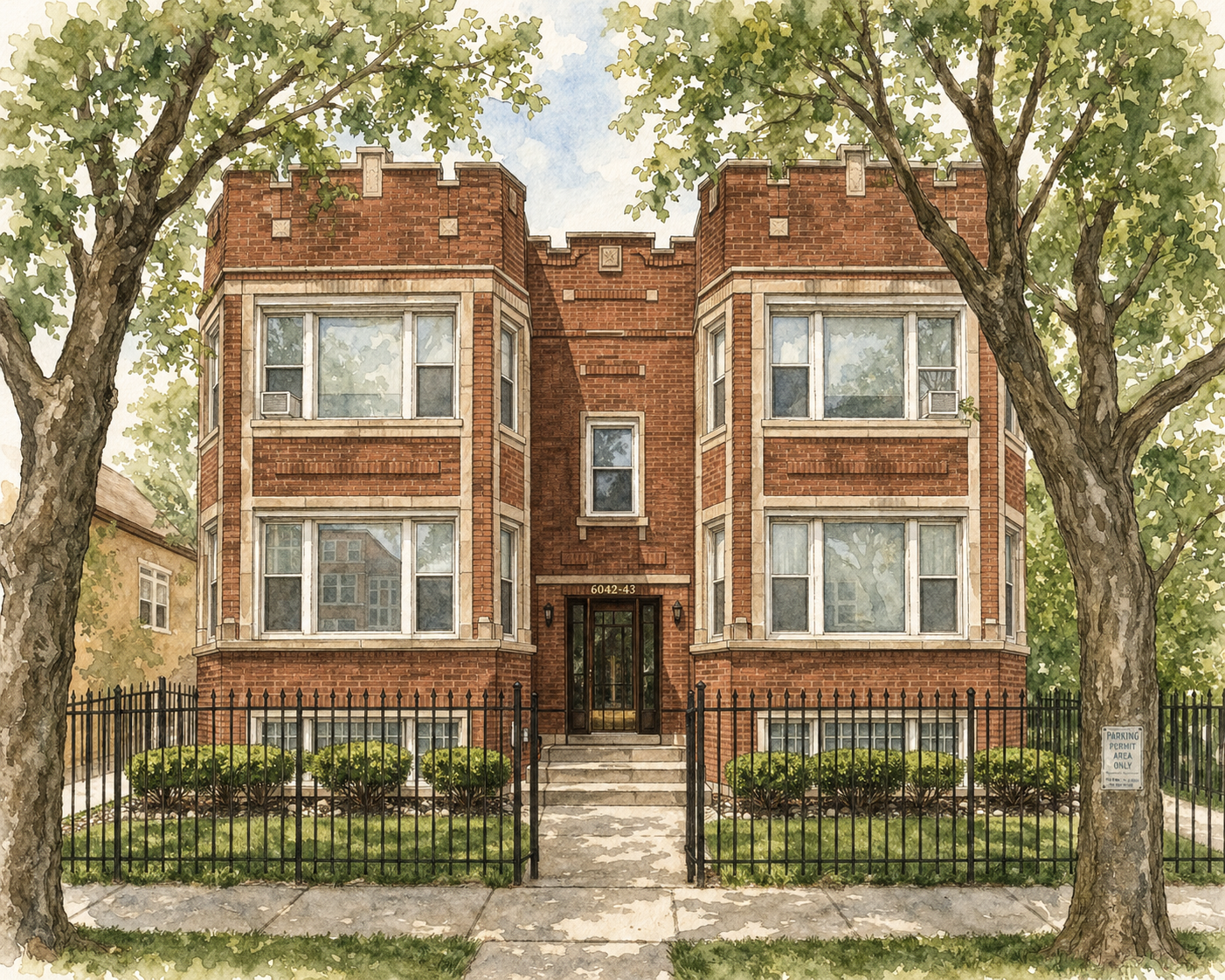 Watercolor illustration of a courtyard apartment building managed by EverydayPeople Management
