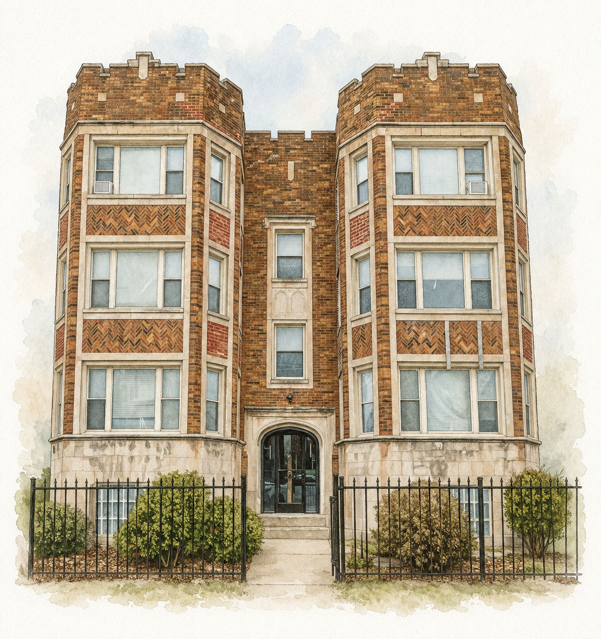 Watercolor illustration of a courtyard apartment building managed by EverydayPeople Management