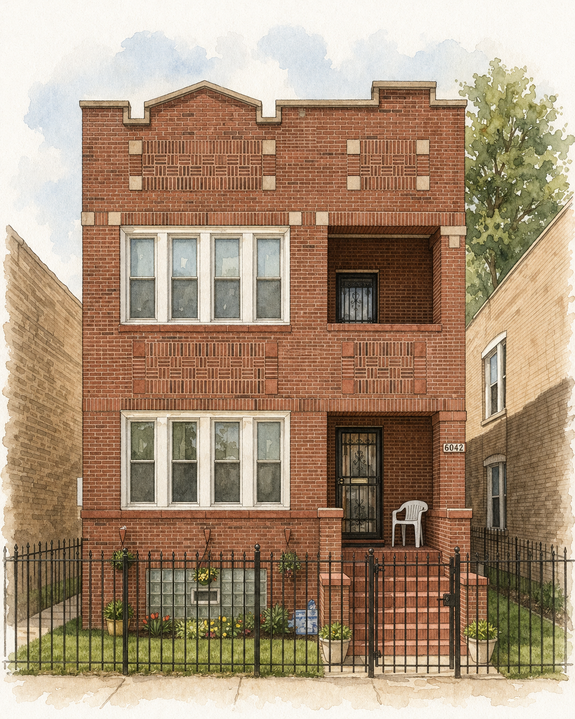 Watercolor illustration of a red brick two-flat managed by EverydayPeople Management