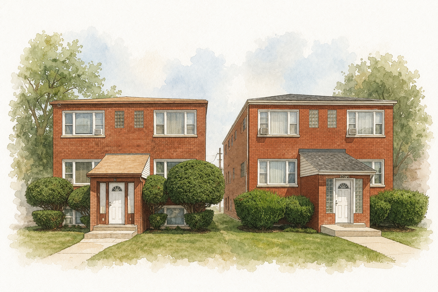Watercolor illustration of a pair of brick two-flats managed by EverydayPeople Management